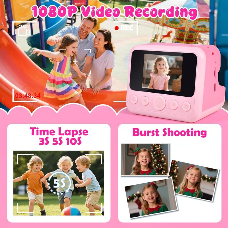 Elecoutek Kids Instant Print Camera with Carrying Bag, 1080P HD Girl Camera with 4 Print Paper Rolls, Color Pens & 32GB Card, Christmas Birthday Gifts Kids Girl Toys for 3-12 Years Old (Pink) - Image 3